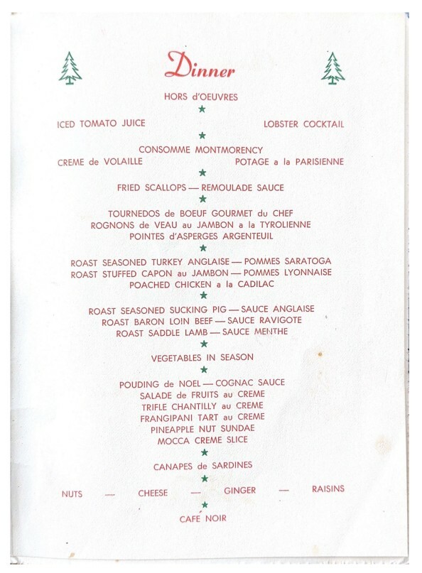 Mayer Chalet (Warburton Chalet) Christmas Meal Menu 1961